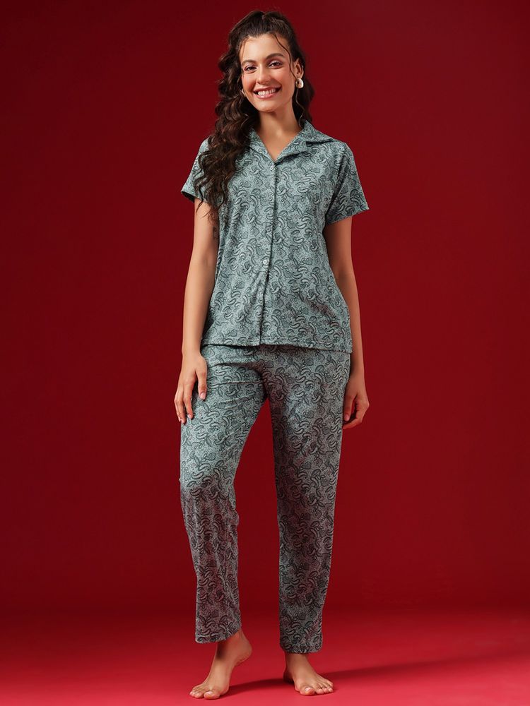 Clovia Printed Button-Down Shirt And Pyjama Green-picture-33