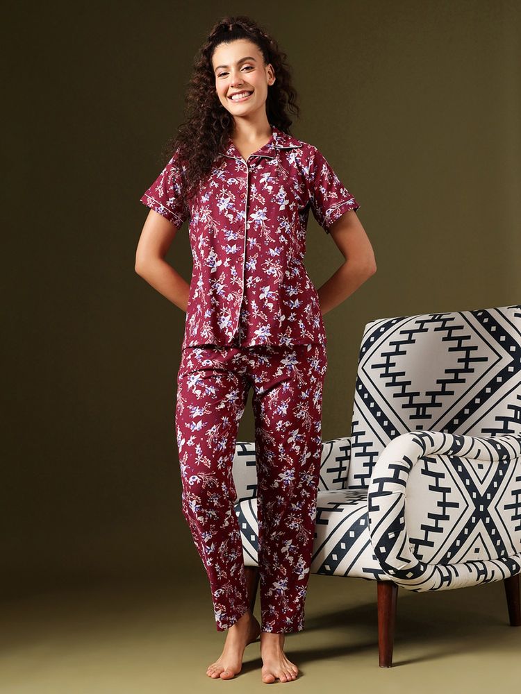 Clovia Printed Button-Down Shirt And Pyjama Set Maroon-picture-15