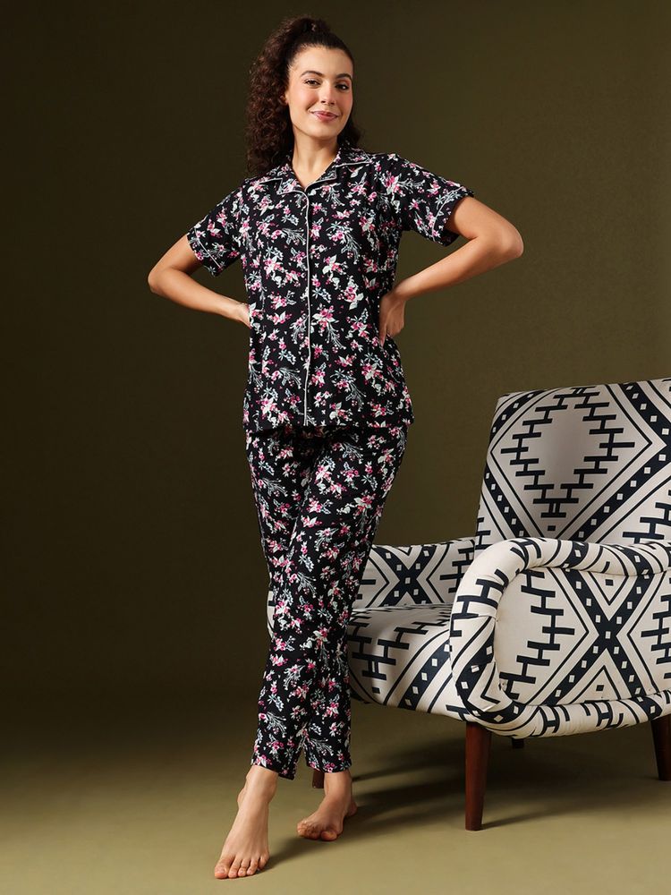 Clovia Printed Button-Down Shirt And Pyjama Set Black-picture-14