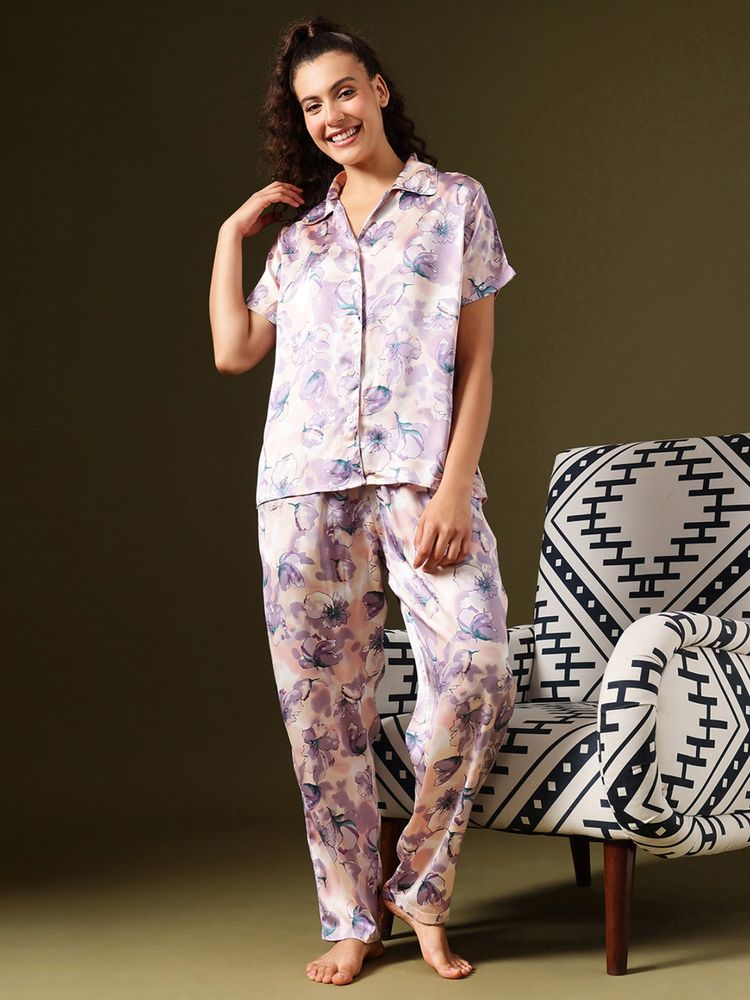 Clovia Satin Floral Print Button-Down Shirt And Pyjama Purple-picture-24