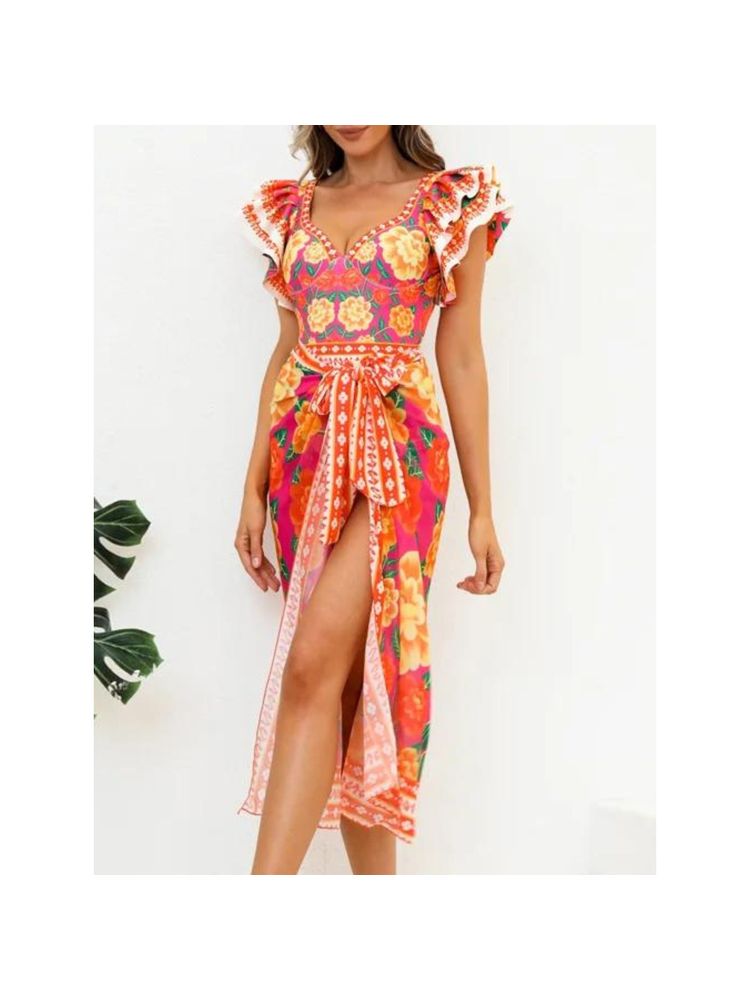 WomanLikeU Waves By Shrijal Vivid Bloom One Piece Monokini With Sarong (Set of 2)-image-36