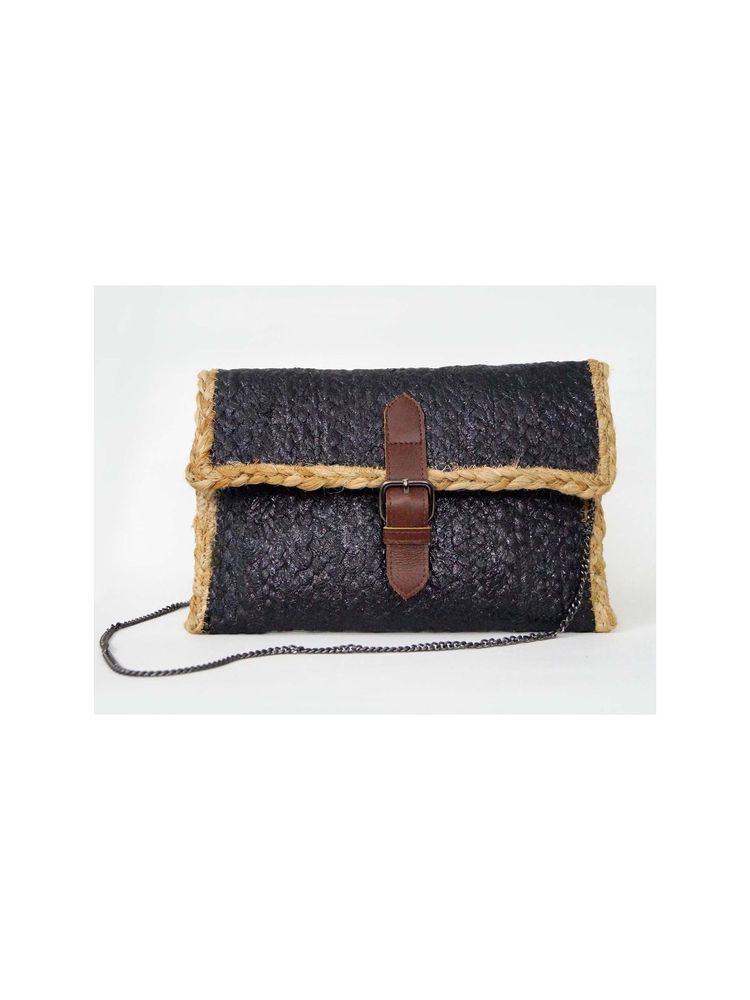 PRAVO Black Foil Printed Braided Jute Handcrafted Flapover Clutch Purse-image-4