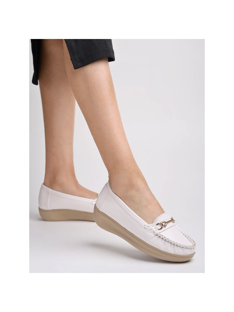 Shoetopia Upper Metalic Buckle Detailed White Loafers for Women-image-8