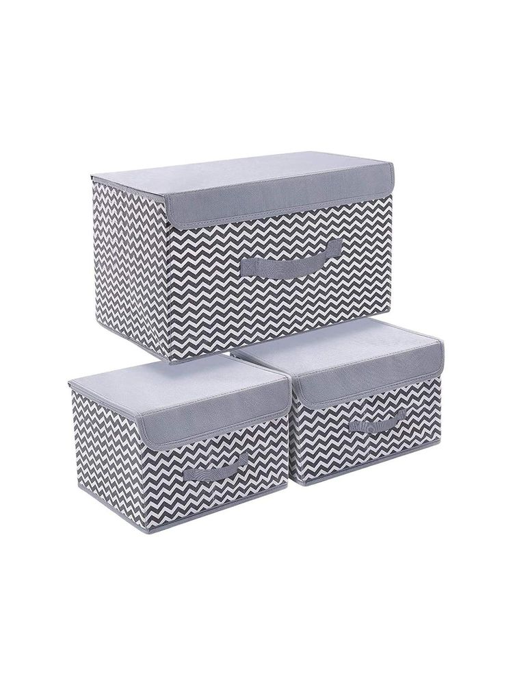 House of Quirk Grey Foldable Storage Basket with Lid & Handle (Pack of 3)-image-2