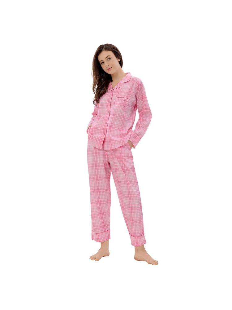 PIU Front Open Pure Cotton Full Sleeves Checkered Print Nightsuit - Pink (Set of 2)-picture-15