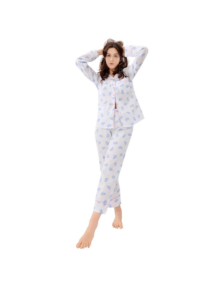 PIU Front Open Pure Cotton Full Sleeves Giraffe Print Nightsuit - White (Set of 2)-picture-26