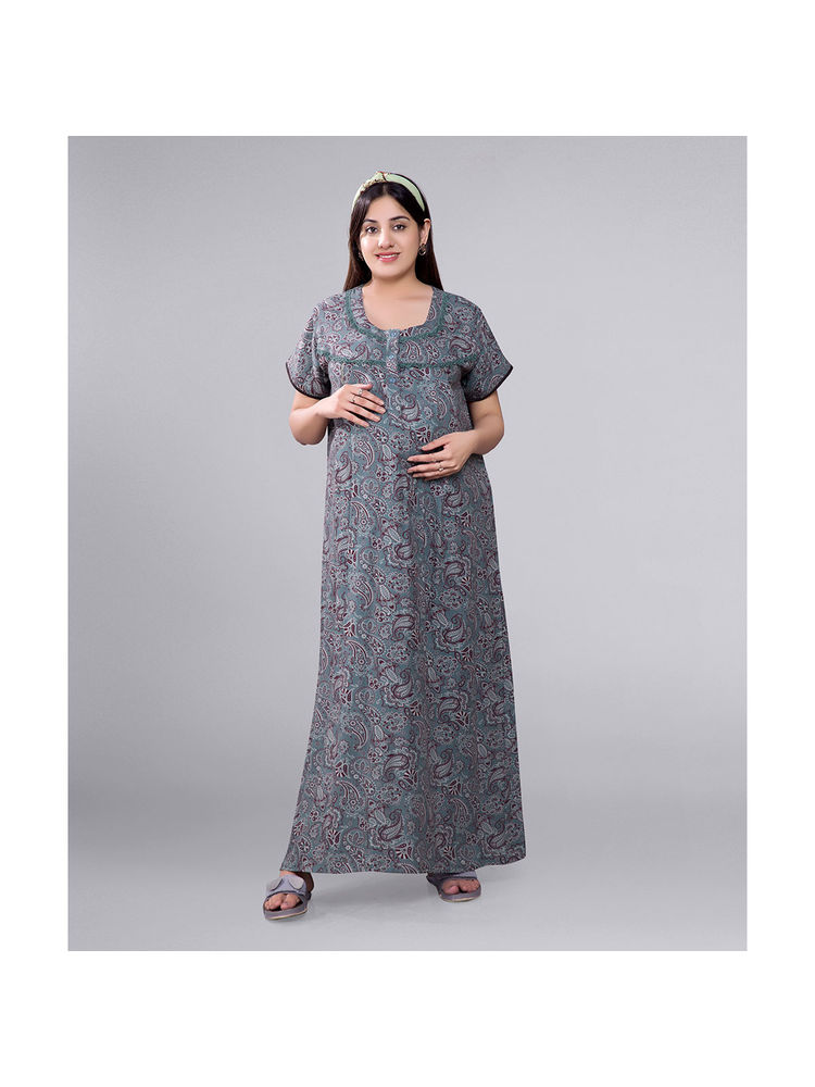 Mamma's Maternity Green Printed Maternity Nighty-picture-10