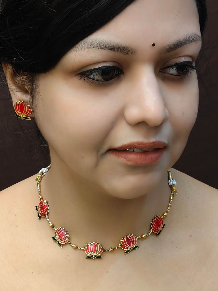 GRIIHAM Pink Gold Plated Short Lotus Jewellery Set-image-5