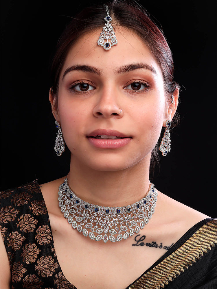 STILEADDA Silver Plated Blue Cubic Zirconia Bridal Jewellery Set-picture-26
