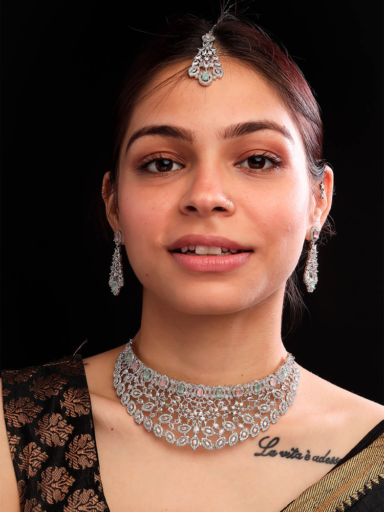 STILEADDA Silver Plated Multicolor Cubic Zirconia Bridal Jewellery Set-picture-4