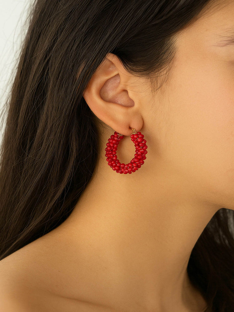 Jewelz Handmade Red Beaded Hoop Earrings-picture-32