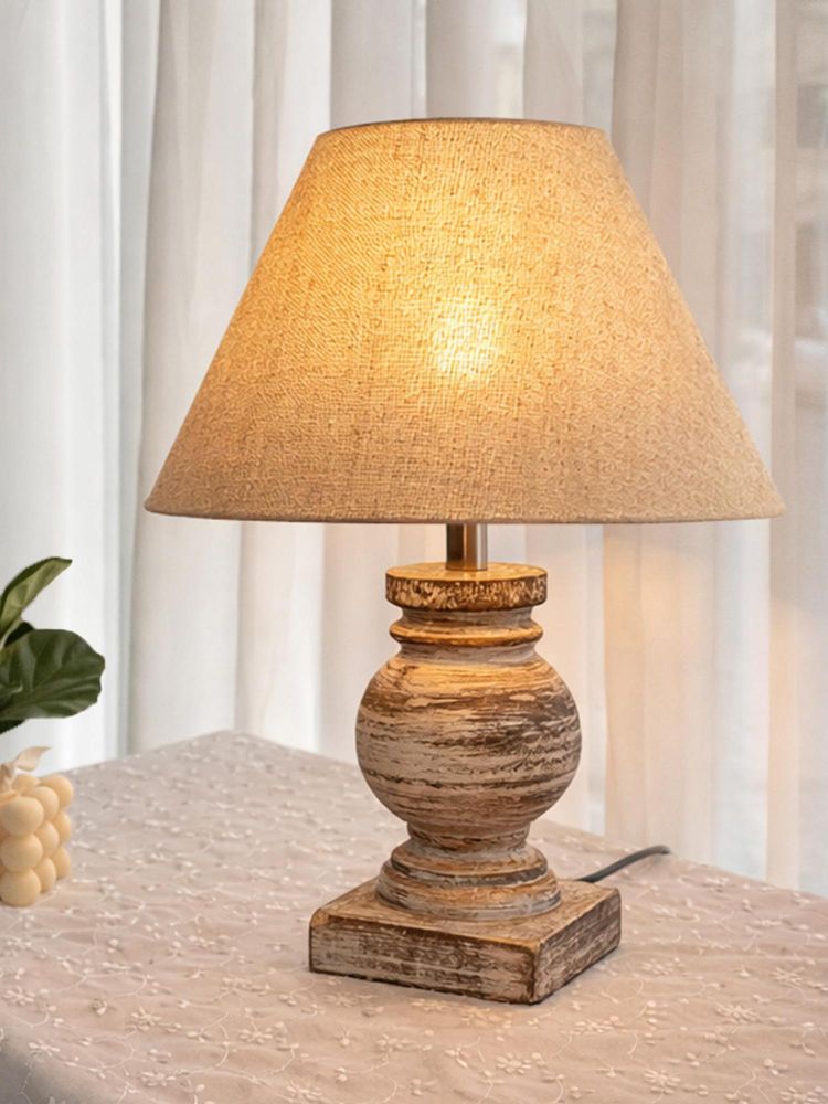 Homesake Beige Simple Retro Wood Grain Farmhouse Bedside Table Lamp-picture-14