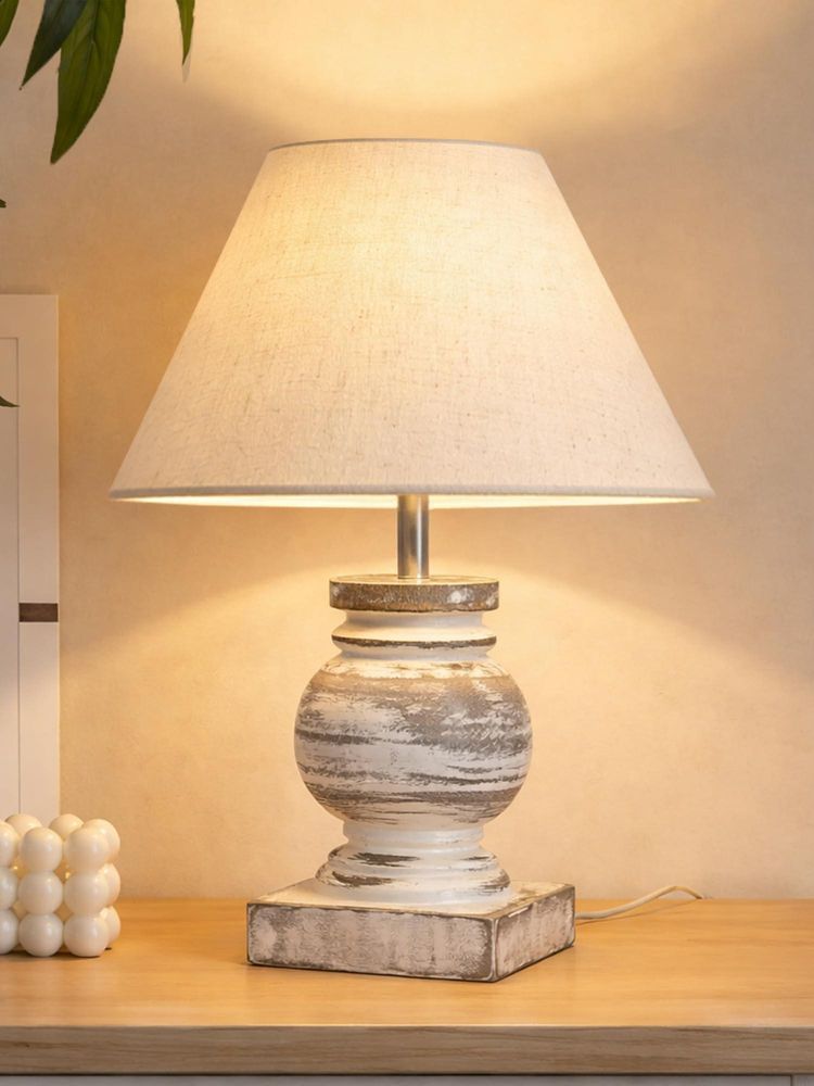 Homesake Off White Simple Retro Wood Grain Farmhouse Bedside Table Lamp-picture-18