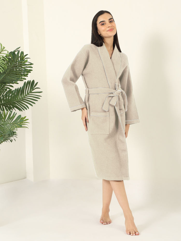 MULBERRY LIVING Unisex Beige Waffle Cotton Bath Robe-image-3