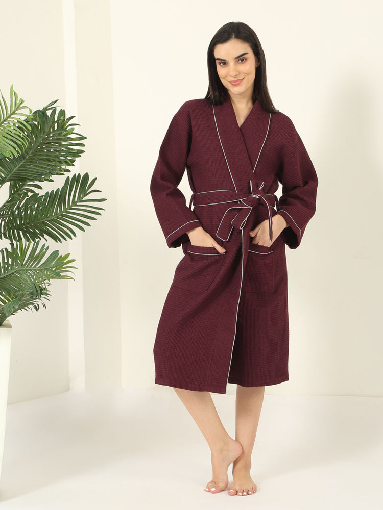 MULBERRY LIVING Unisex Wine Waffle Cotton Bath Robe-image-40