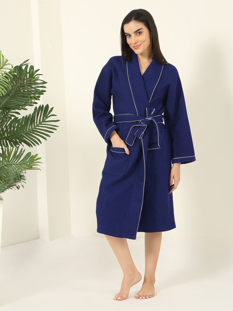 MULBERRY LIVING Unisex Navy Blue Waffle Cotton Bath Robe-image-20