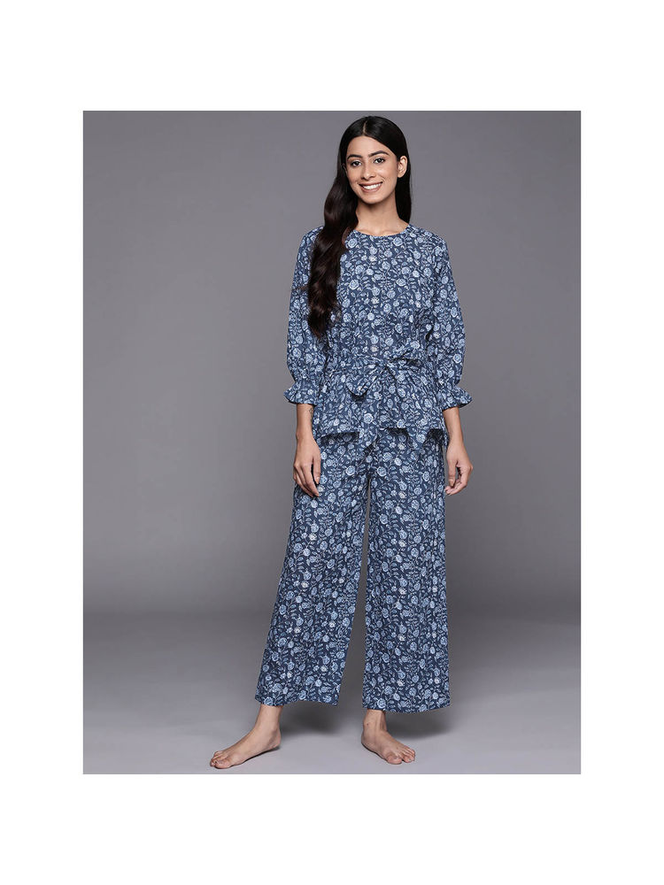 Libas Blue Cotton All-Over Floral Print With Attached Belted Design Kurti & Pyjama Night Suit-picture-17