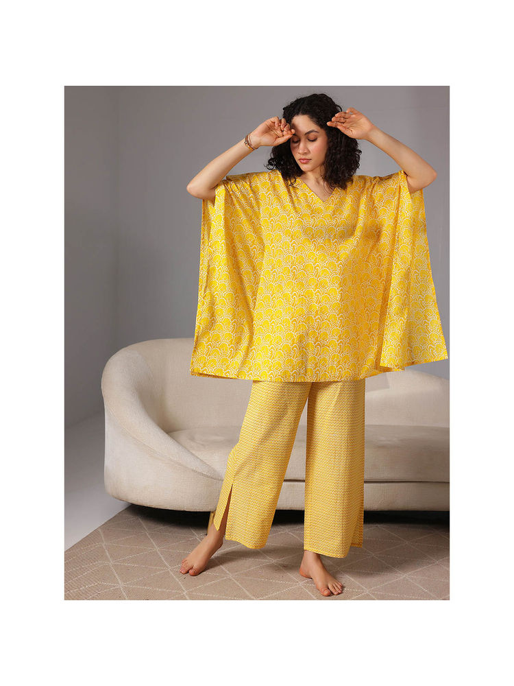 Libas Yellow floral printed kaftan with kimono sleeves and chevron printed pyjamas (XS)-picture-14
