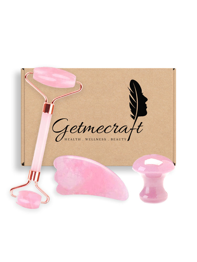 Getmecraft Rose Quartz Roller And Wing Shaped Gua Sha With Rose Quartz Mushroom Gua Sha-image-44
