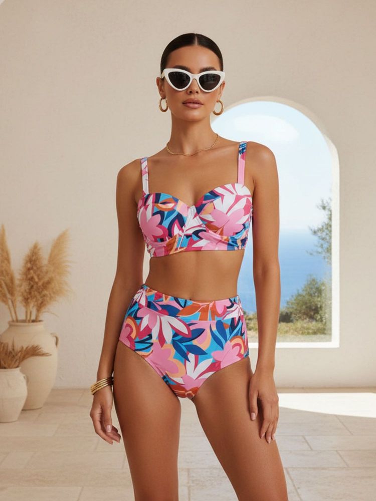 Addery Multi-Color Floral Regular Bikini Top and Bikini Bottom-image-36