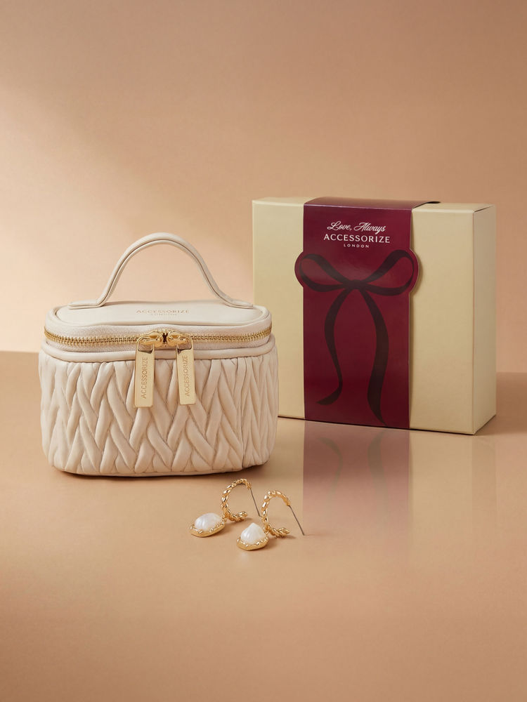 Accessorize London Beige Quilted Vanity Case & Pearl Drop Earrings Valentines Gift Hamper-image-30