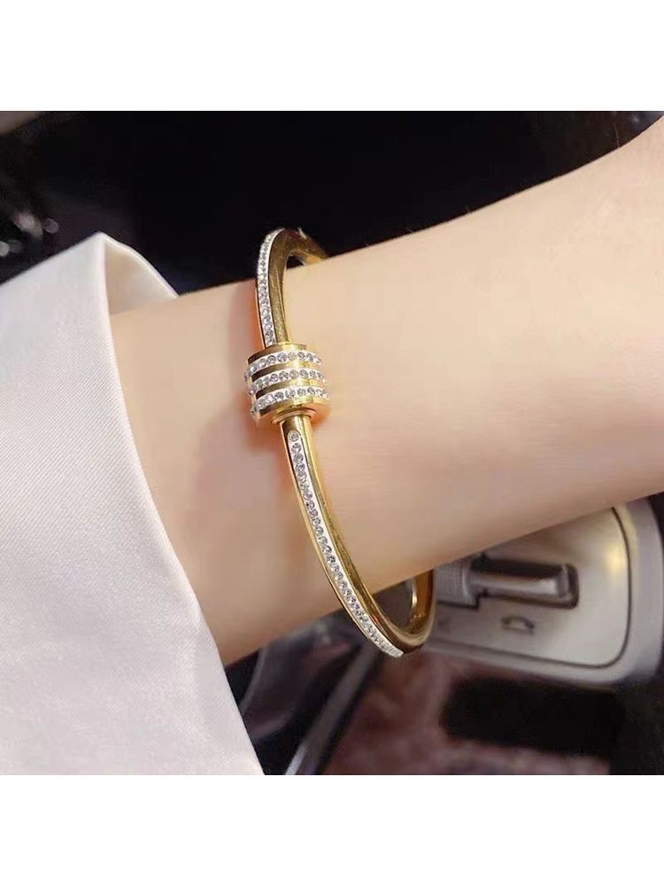 Designs & You Stainless Steel Gold Plated American Diamond Studded Bangle Style Bracelet-picture-16