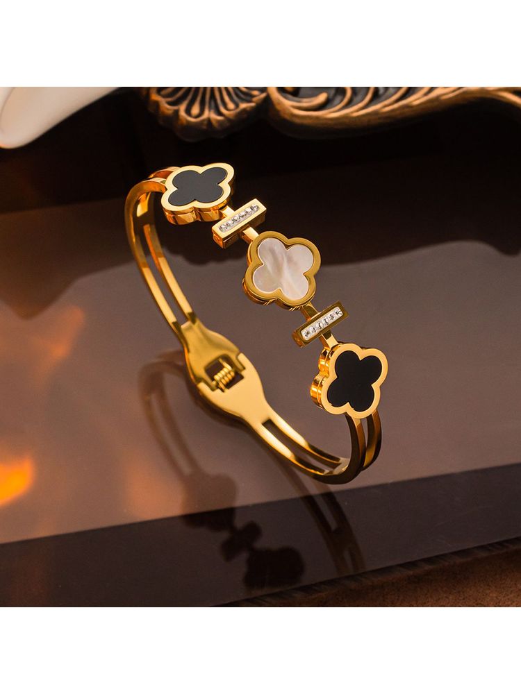 Designs & You Stainless Steel Gold Plated Mother Of Pearls Three Clover Leaf Irish Design Bracelet-image-39