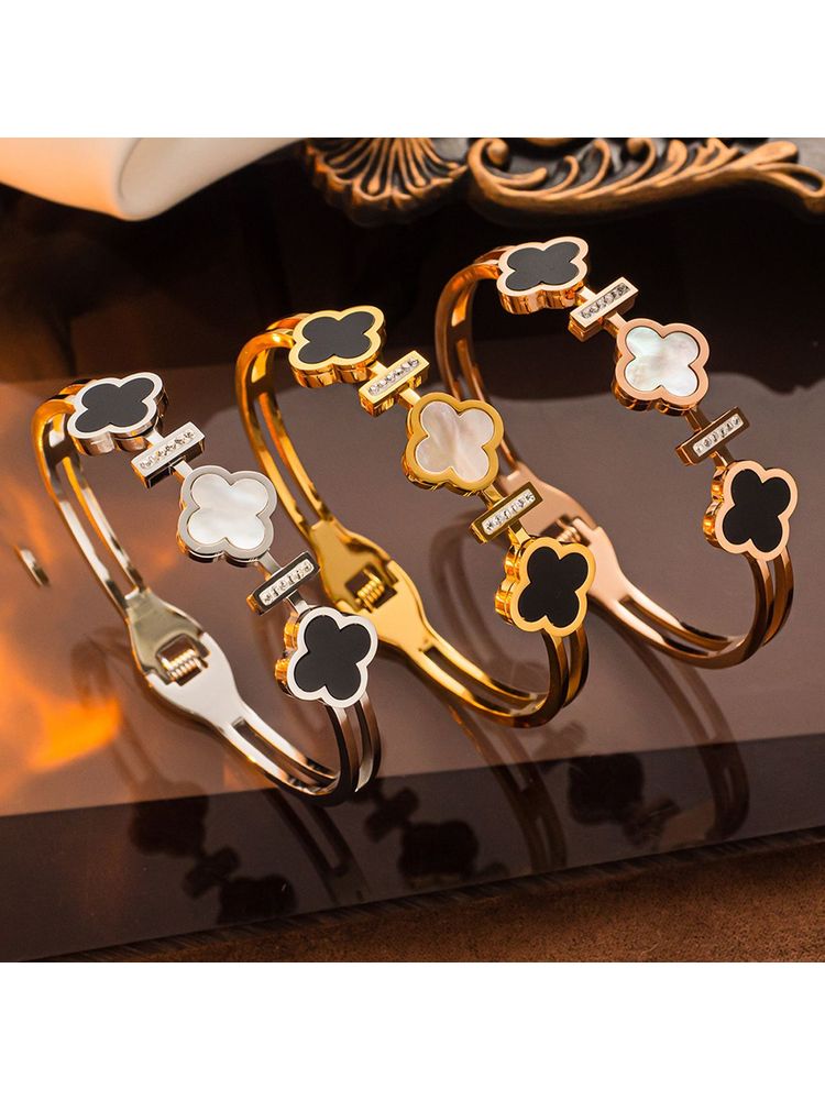 Designs & You Gold, Rose Gold And Silver Mother Of Pearls Three Clover Leaf Irish Design Bracelet-image-6