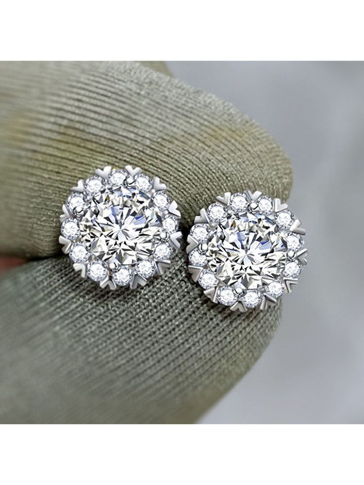 Designs & You Silver Plated American Diamond Studded Round Shape Stud Earrings-image-6