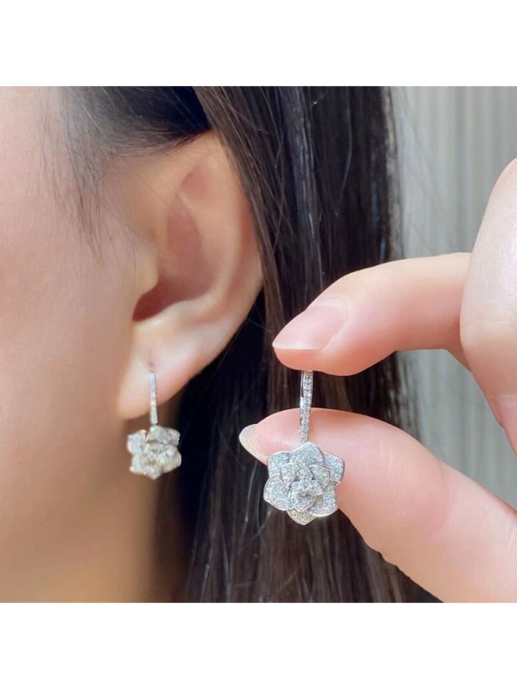 Designs & You Silver Plated American Diamond Floral Rose Themed Drop Earrings-image-4