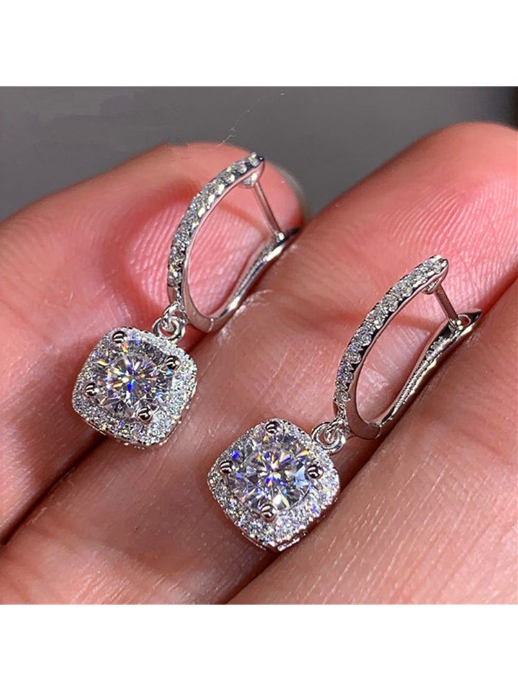 Designs & You Silver Plated American Diamond Rectangular Crushed Ice Cut Drop Earrings