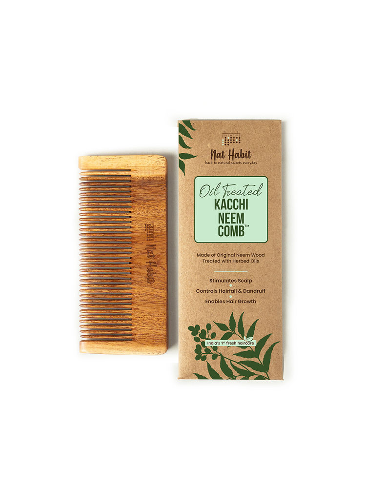 Nat Habit Oil Treated Kacchi Neem Handmade Wooden Comb - Fine Tooth for Daily Styling, Purse Sized