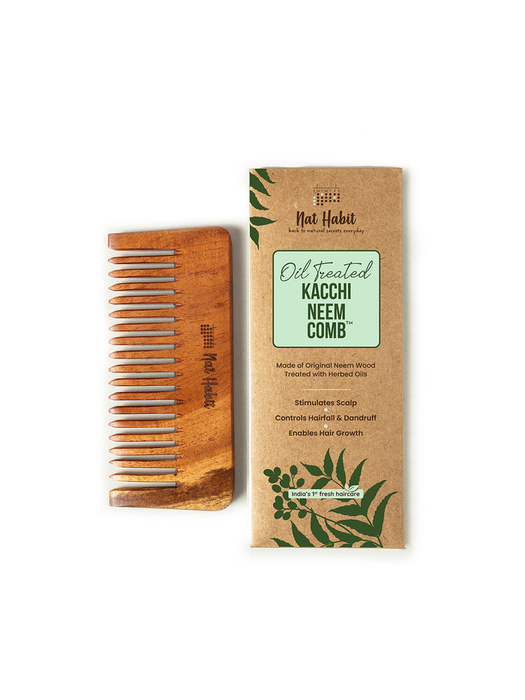 Nat Habit Oil Treated Kacchi Neem Handmade Wooden Comb - Wide Tooth for Post Shampoo Detangling