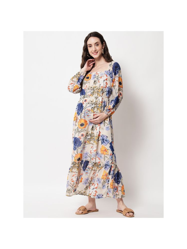 Angloindu Beige Floral Maxi Maternity Dress-picture-13
