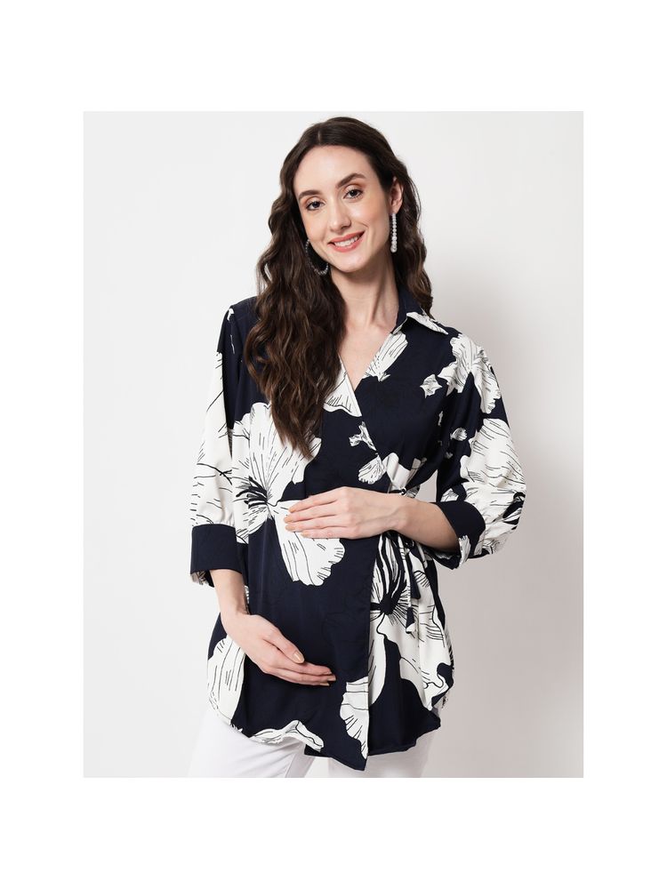 Angloindu Navy Floral Wrap Maternity Top-image-13