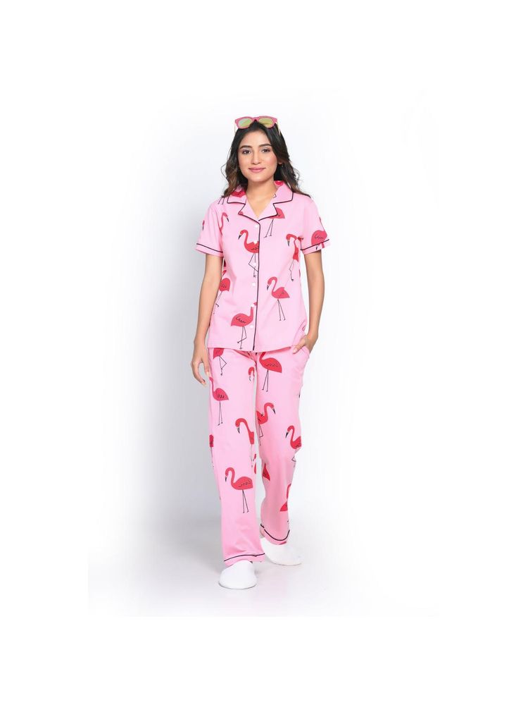 NAP STORY Flamingo Printed Half Sleeves Shirt with Pyjama (Set of 2)-picture-40