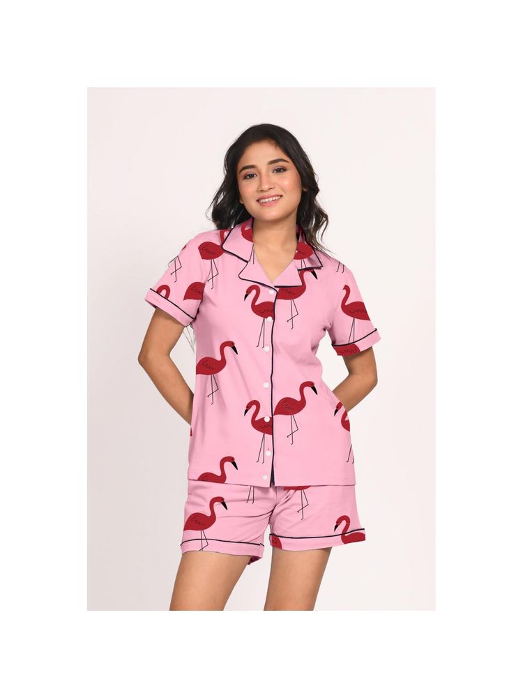 NAP STORY Pink Flamingo Printed Half Sleeves Shirt with Shorts (Set of 2)-picture-28
