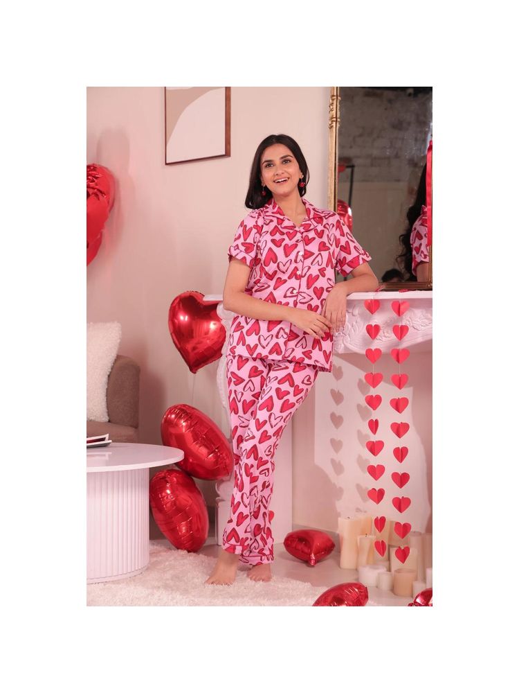 NAP STORY Pink Hearts Printed Half Sleeves Shirt with Pyjama (Set of 2)-picture-28