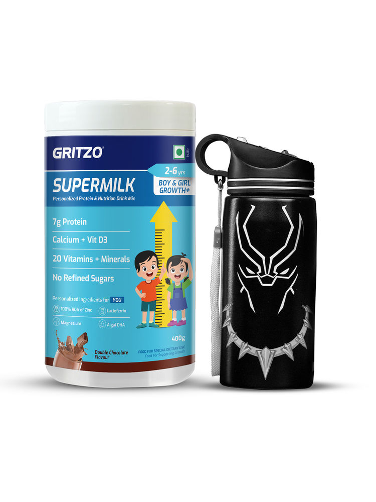 Gritzo Supermilk Growth+ Protein Double Chocolate For 2 -6Y With Black Panther Sipper-image-33