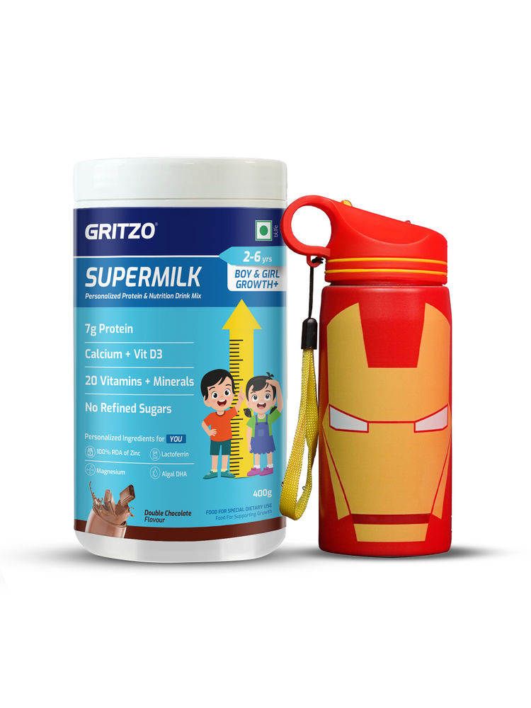 Gritzo Supermilk Growth+ 7G Protein Double Chocolate For 2 -6Y With Ironman Sipper-image-18
