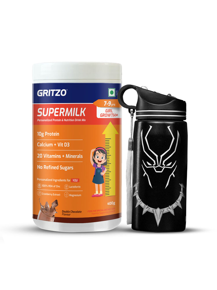 Gritzo Supermilk Growth+ Double Chocolate For 7 -9Y Girls With Black Panther Sipper-picture-18
