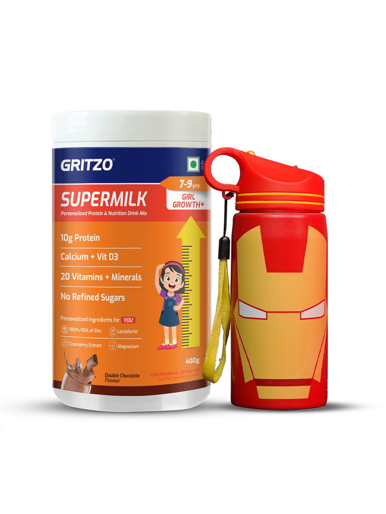 Gritzo Supermilk Growth+ 10G Protein Double Chocolate For 7 -9Y Girls With Ironman Sipper-picture-7