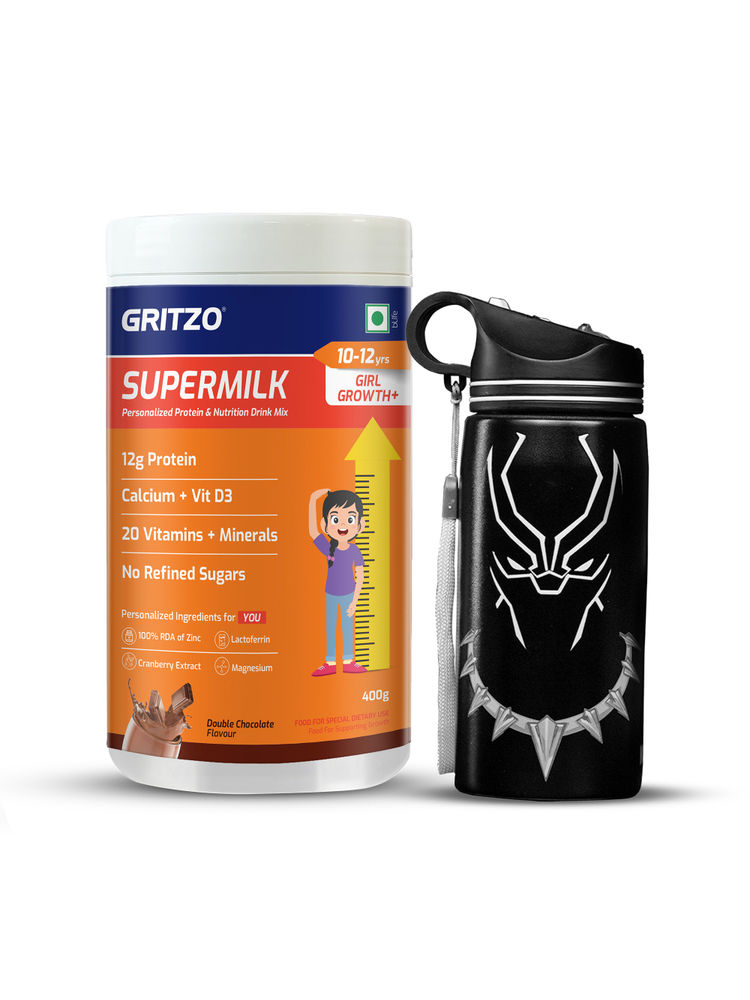 Gritzo Supermilk Growth+ Double Chocolate For 10 -12Y Girls With Black Panther Sipper-image-6