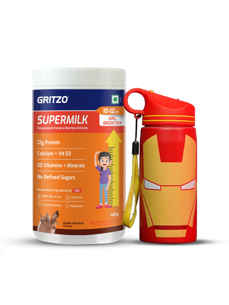 Gritzo Supermilk Growth+ 12G Protein Double Chocolate For 10 -12Y Girls With Ironman Sipper-picture-20
