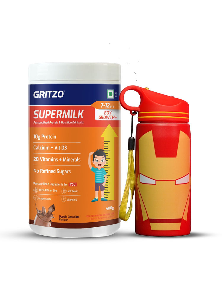 Gritzo Supermilk Growth+ 10G Protein Double Chocolate 7 -12Y Boys With Ironman Sipper-image-41