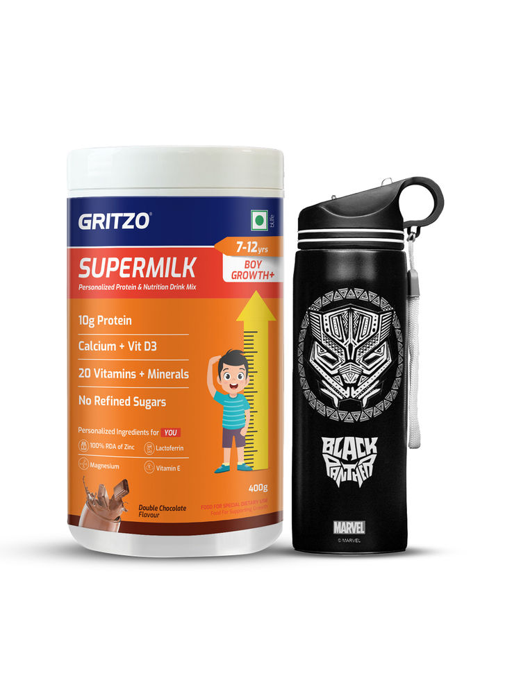 Gritzo Supermilk Growth+ Double Chocolate 7 -12Y Boys With Black Panther Sipper-image-5