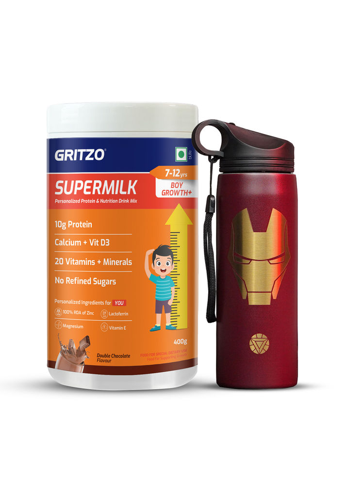 Gritzo Supermilk Growth+, 10G Protein Double Chocolate 7 -12Y Boys With Ironman Sipper-picture-20