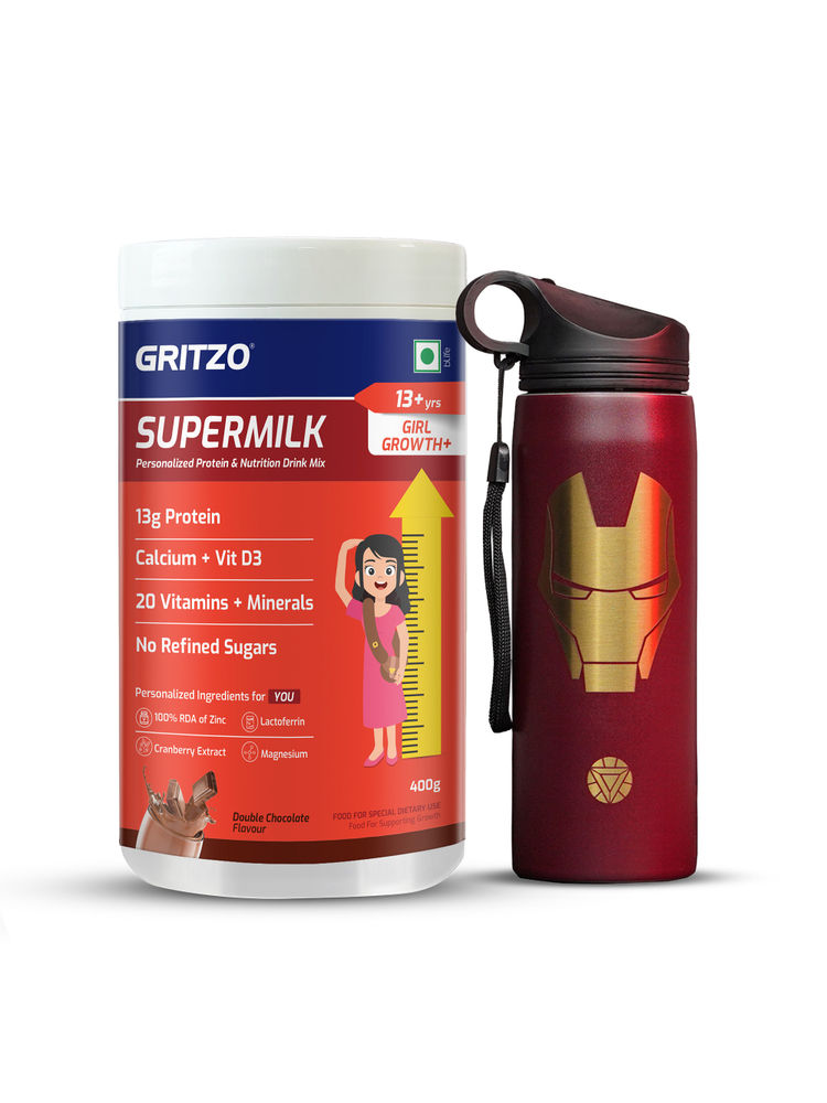Gritzo Supermilk Growth+ Protein Double Chocolate For 13+Y Girls With Ironman Sipper-image-36