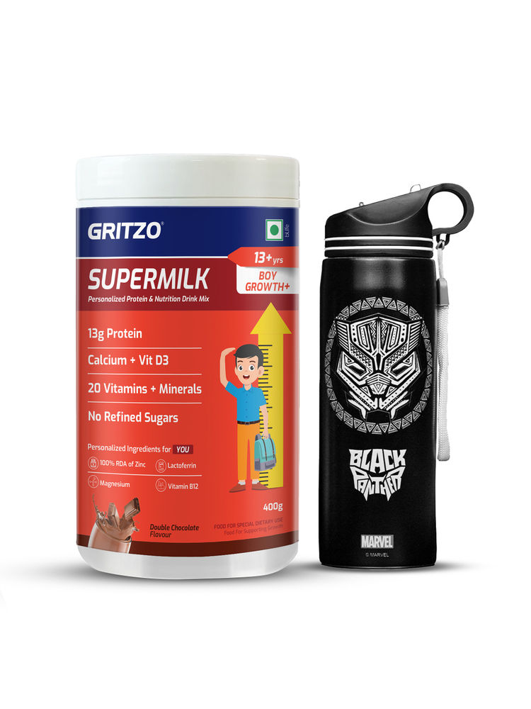 Gritzo Supermilk Growth+,Double Chocolate For 13+Y Boys With Black Panther Sipper-image-32