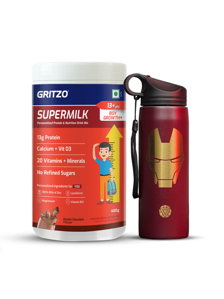 Gritzo Supermilk Growth+, 13G Protein Double Chocolate For 13+Y Boys With Ironman Sipper-picture-25